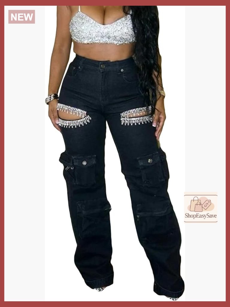 High Waisted Cargo Jeans Y2k Rhinestones Stretchy Baggy Denim Pants With Flap